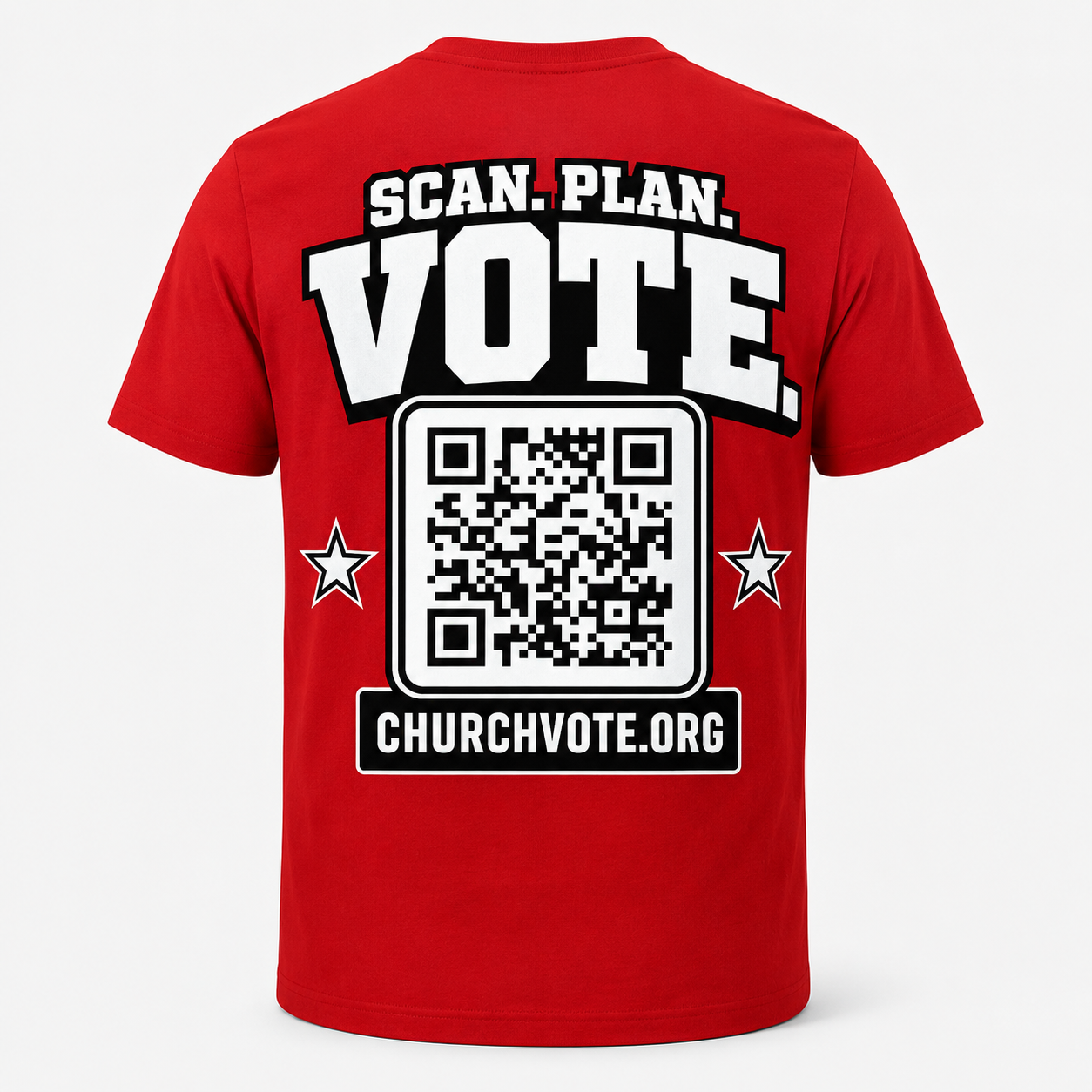 Back of the red ChurchVote T-shirt