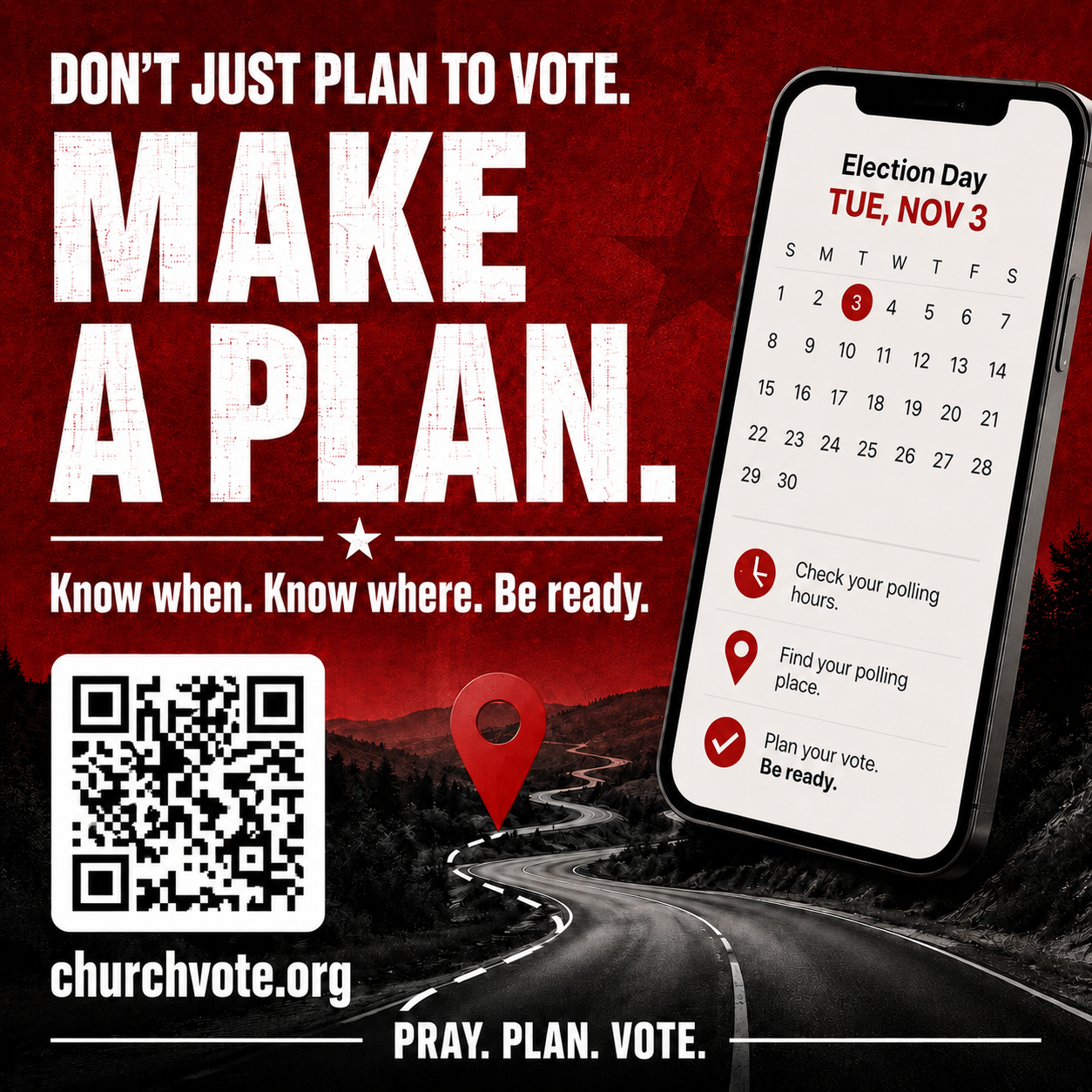 Make a Plan ChurchVote social graphic with Election Day Tuesday, November 3